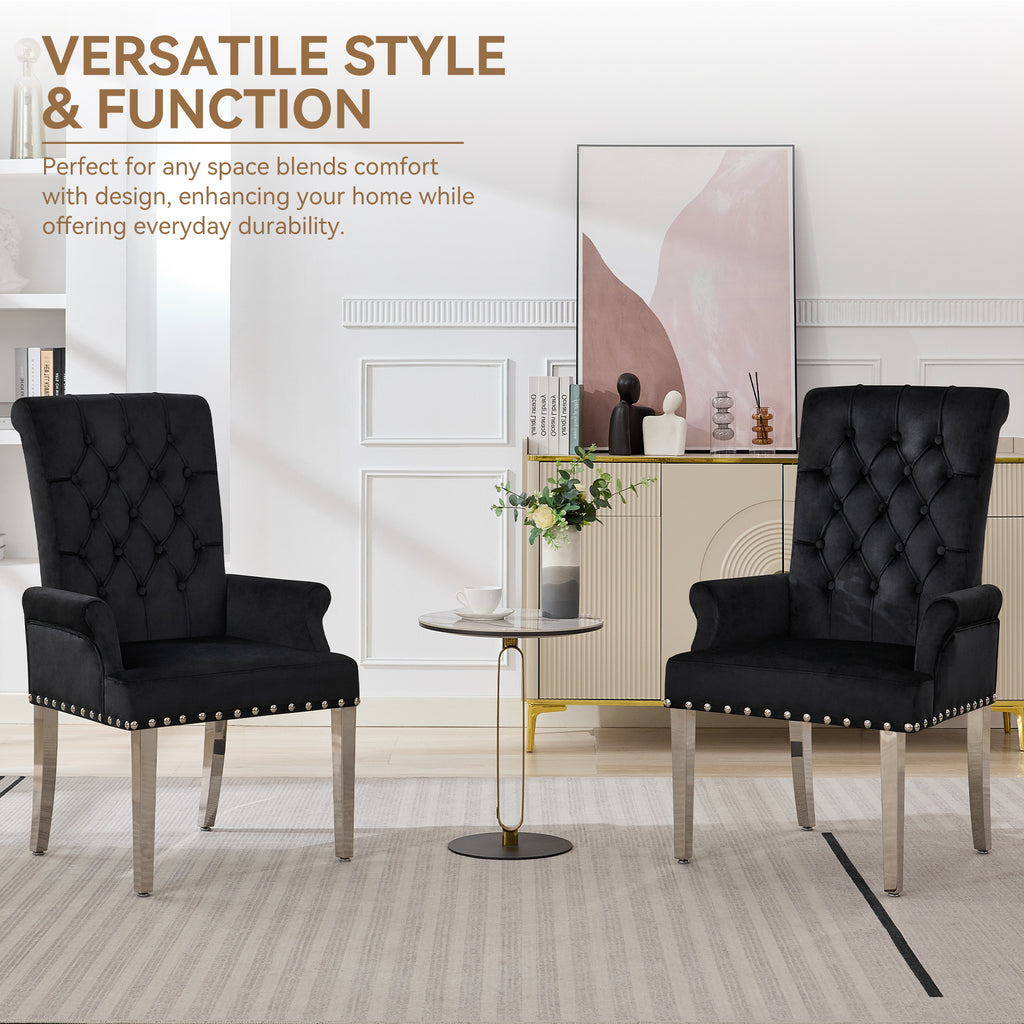 Velvet Dining Chair with Arms，Black