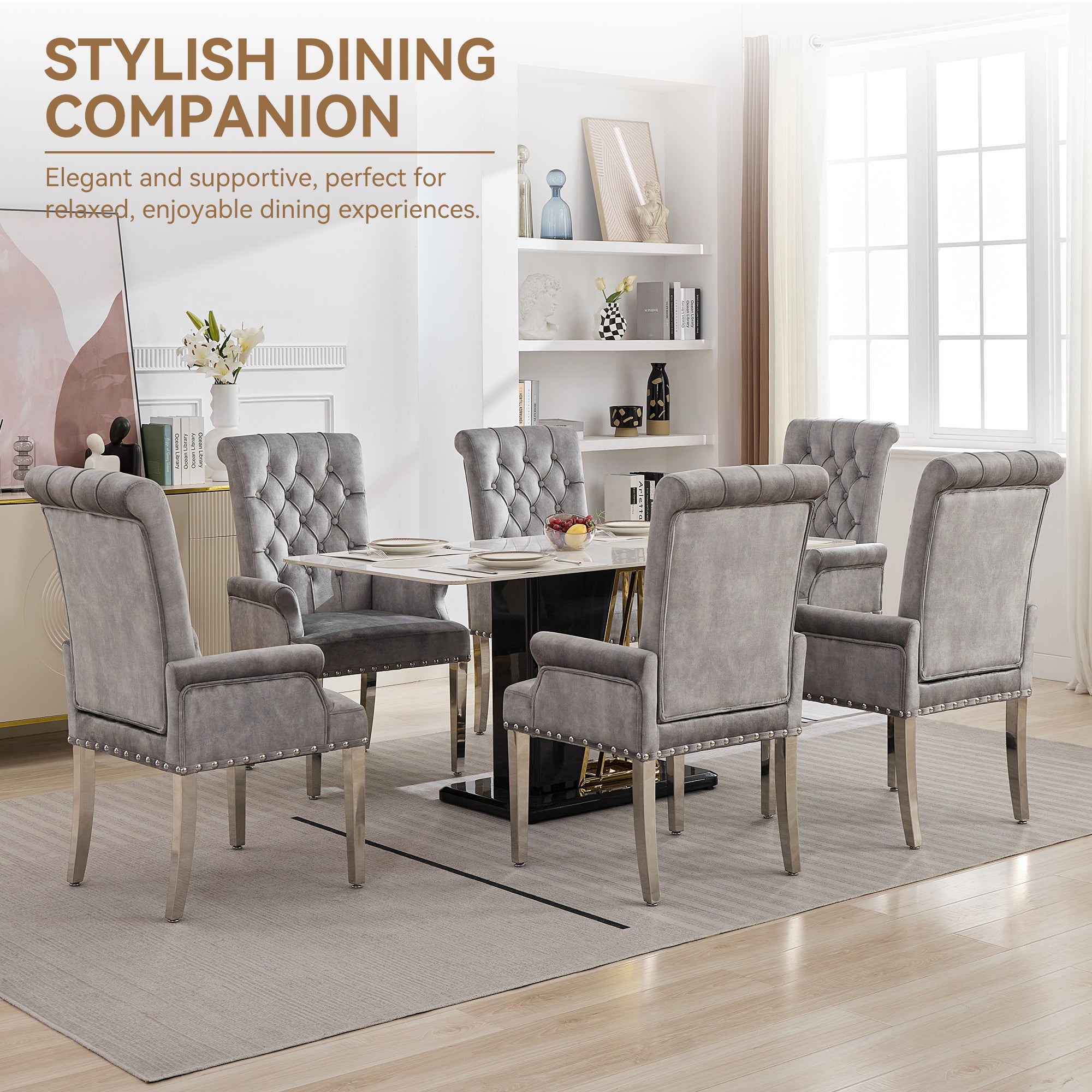 Velvet Dining Chair with Arms，Gray