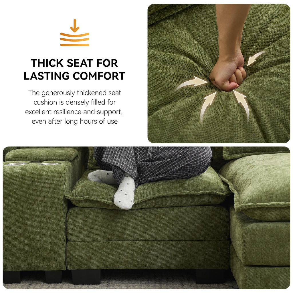 U Shaped Cloud Modular Sofa with Chaise Lounges，Green