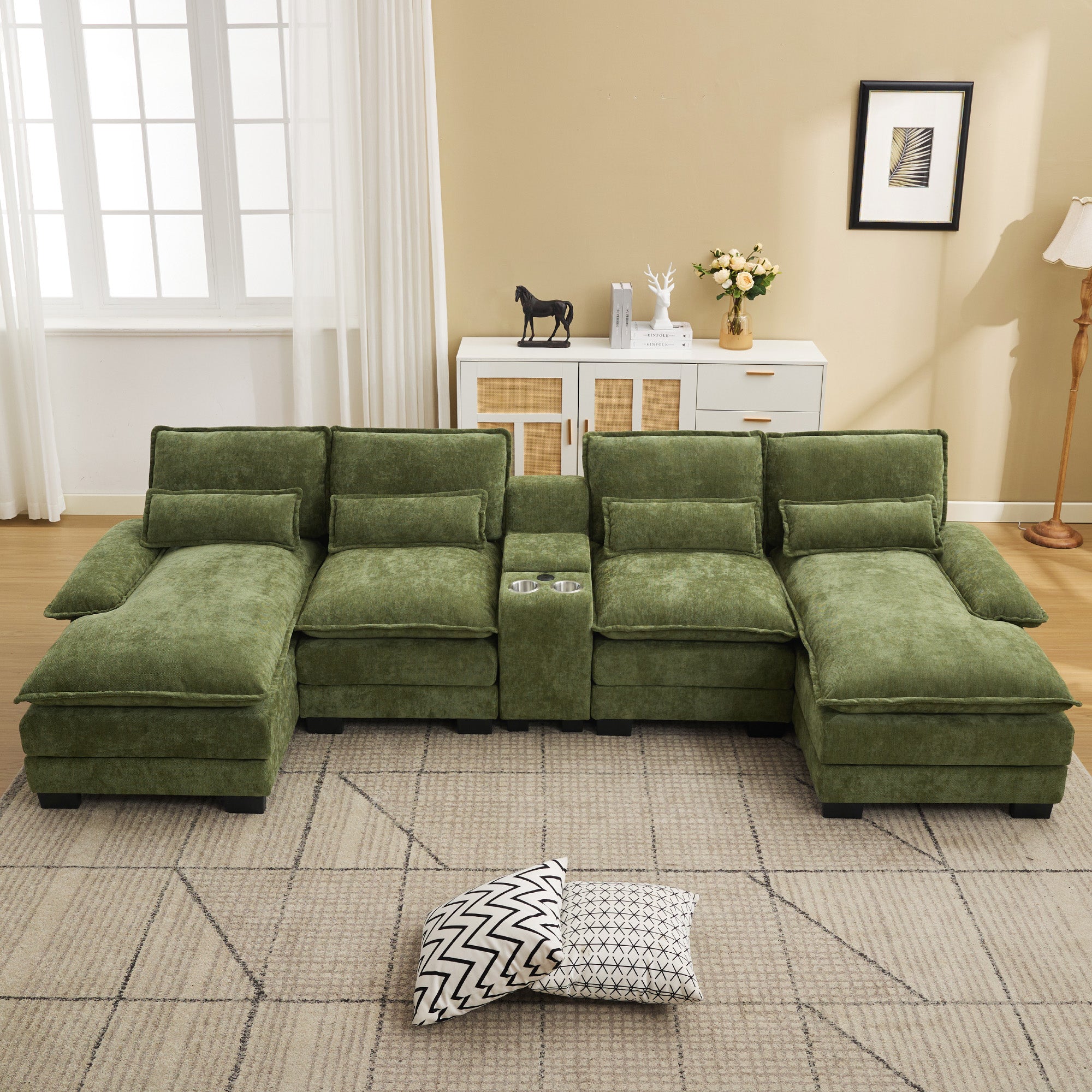 U Shaped Cloud Modular Sofa with Chaise Lounges，Green