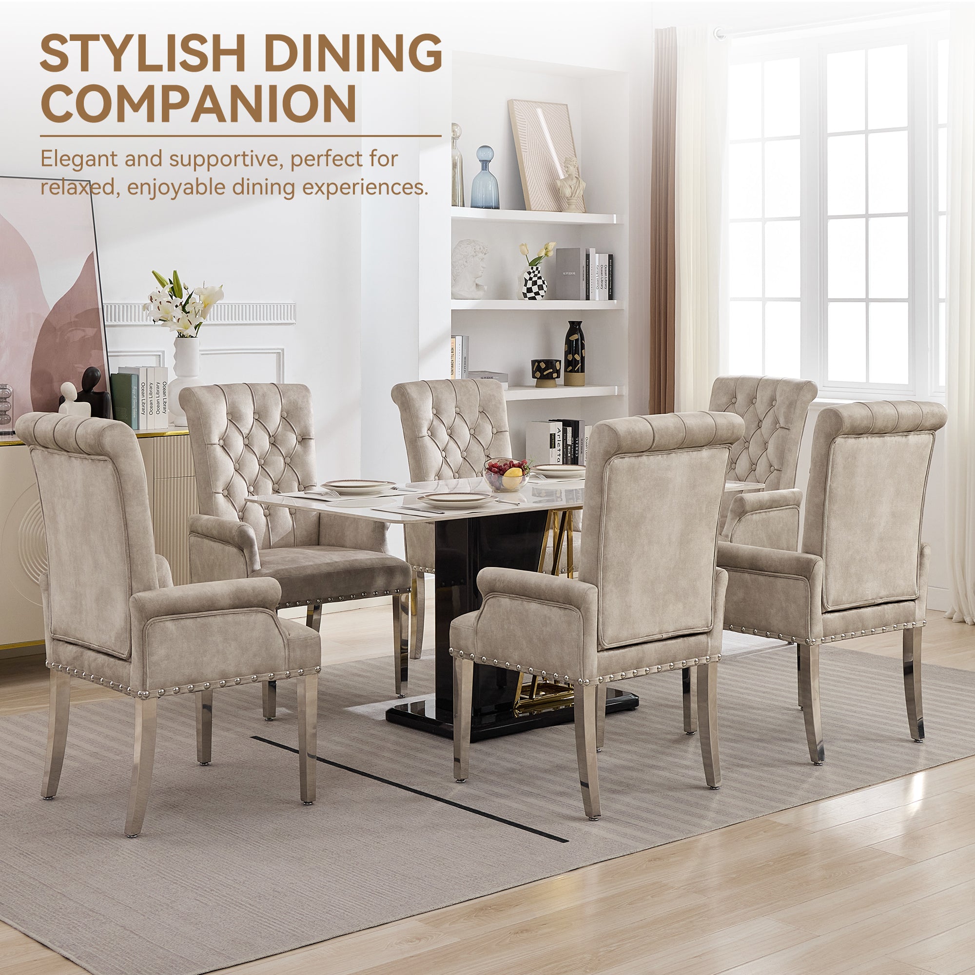 Velvet Dining Chair with Arms，Taupe