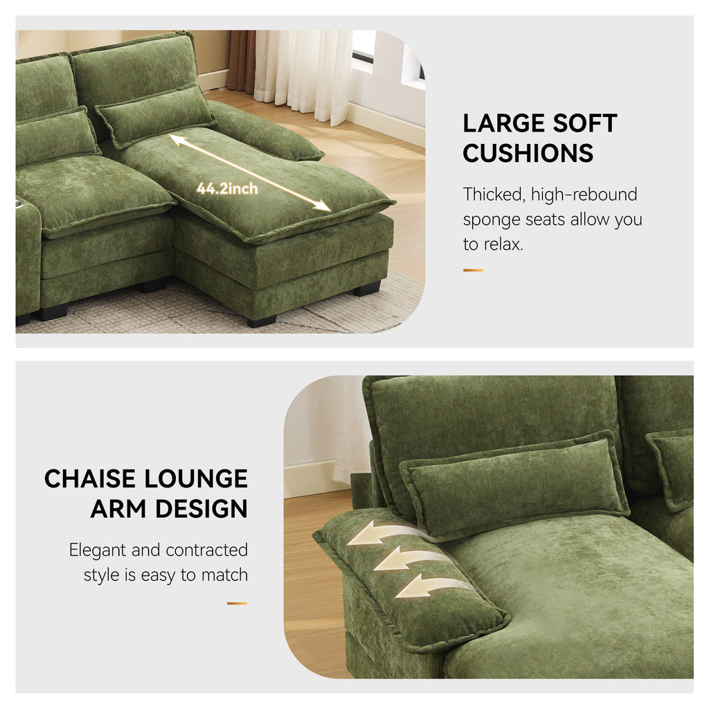 U Shaped Cloud Modular Sofa with Chaise Lounges，Green