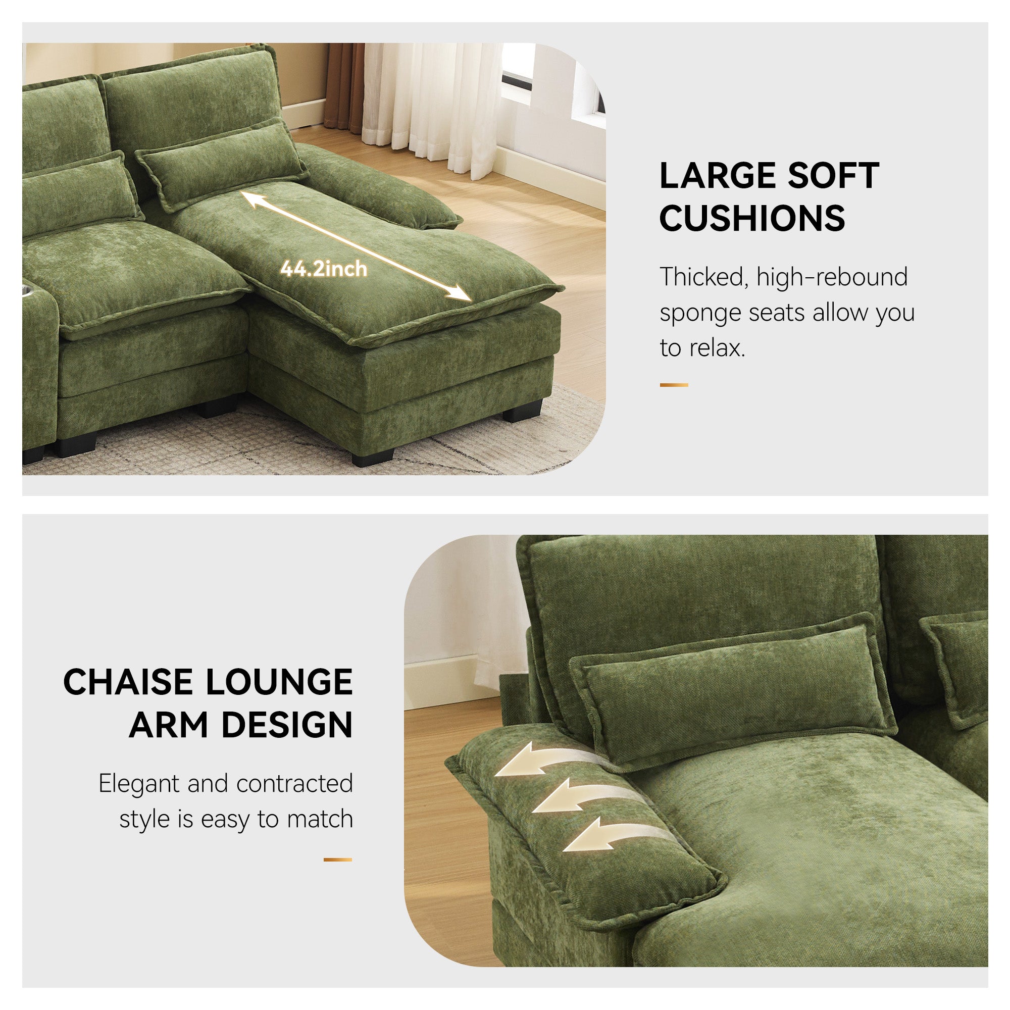 U Shaped Cloud Modular Sofa with Chaise Lounges，Green